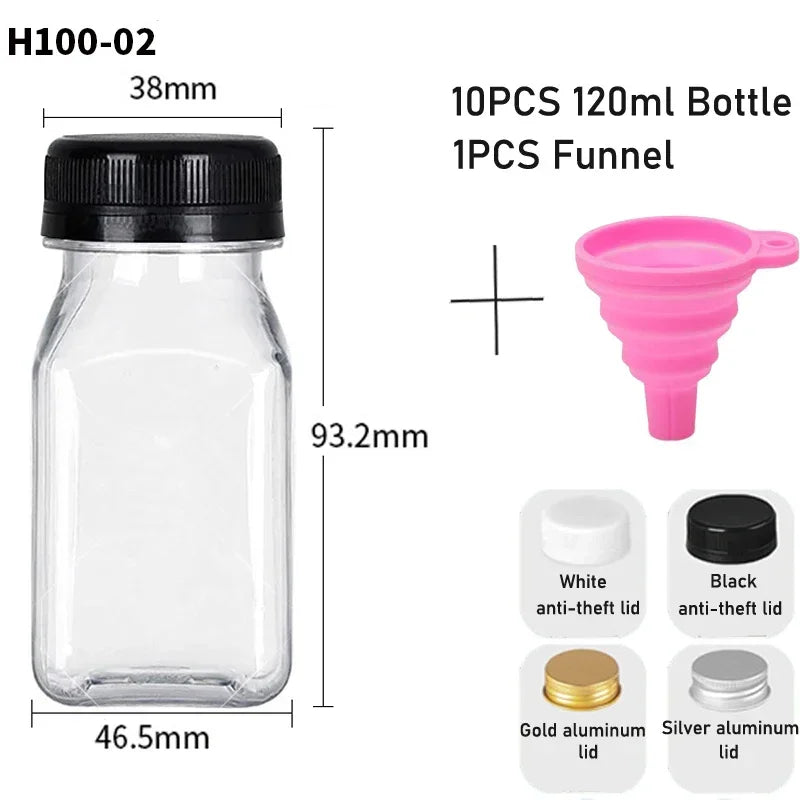 10pcs 60ML-500ML Clear Empty Plastic Juice Bottles with Caps Reusable Water Bottle Juicing Smoothie Containers W/ Funnel