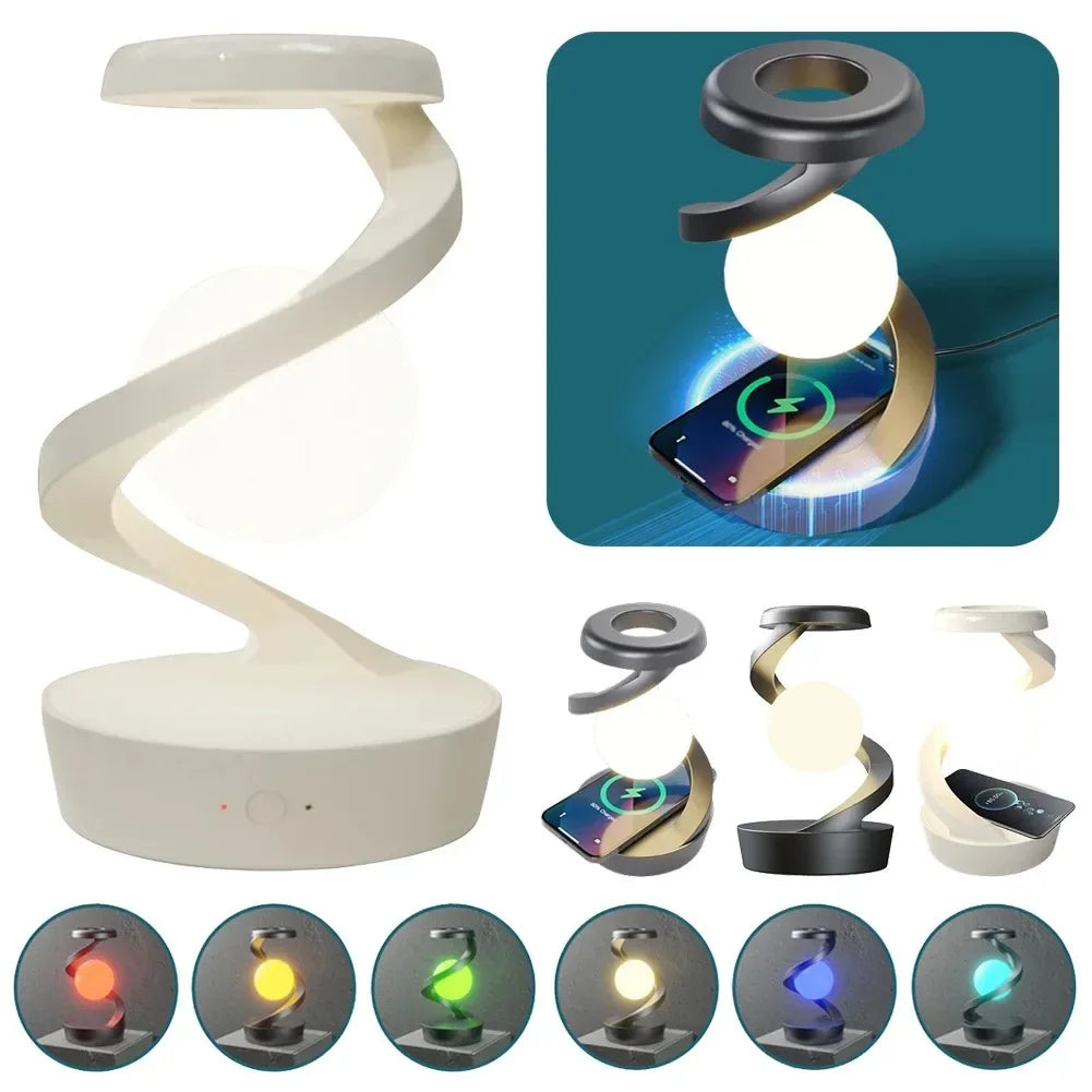 LED Moon Mood Light Suspended Rotating RGB Atmosphere Desk Lamp with Wireless Mobile Charging Bedroom Game Room Decorative Light