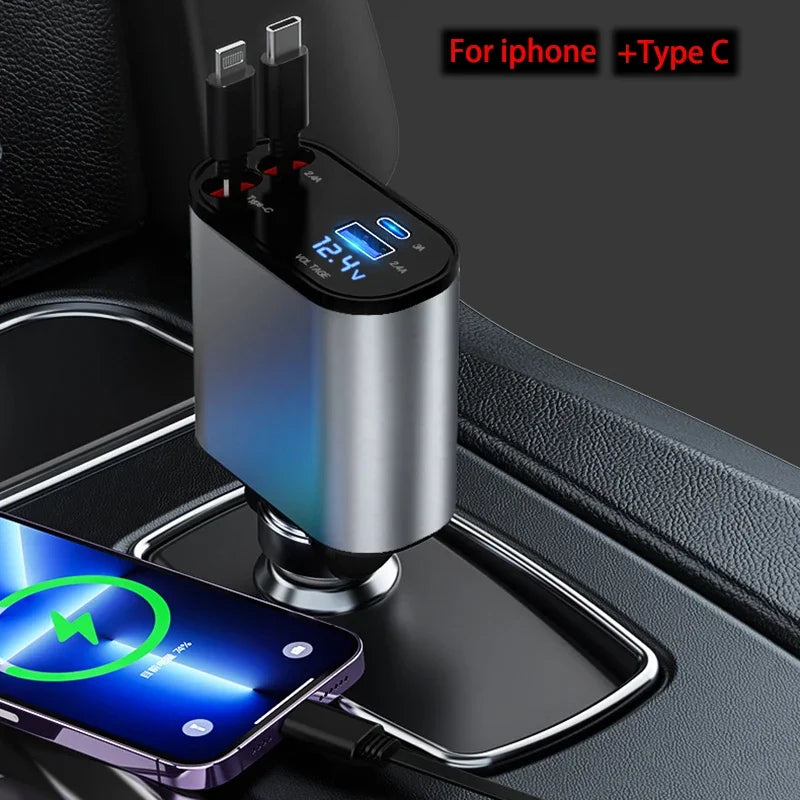 100W 4 IN 1 Retractable Car Charger USB Type C Cable For IPhone Fast Cord Cigarette Lighter Adapter X4W3