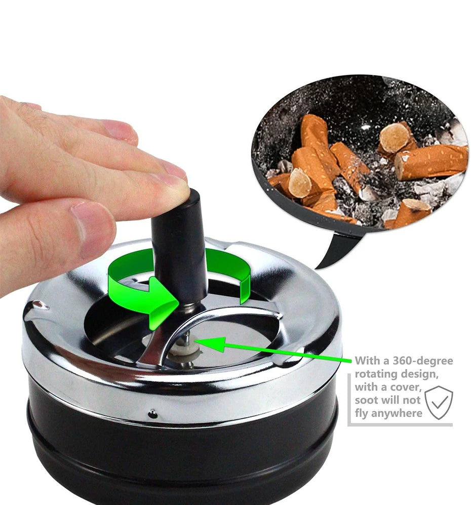Cool Ashtray Stainless Steel Push Down Spinning Ashtray Self-Cleaning Ashtray With Lid Cover Ash Tray for Cigarette Smoking