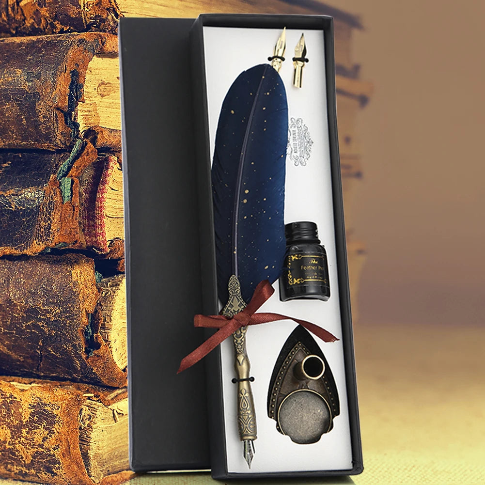 1 Set Retro Calligraphy Feather Dip Pen with 2 Nib Set Quill Fountain Writing Creative Vintage Stationery Gift Box no ink