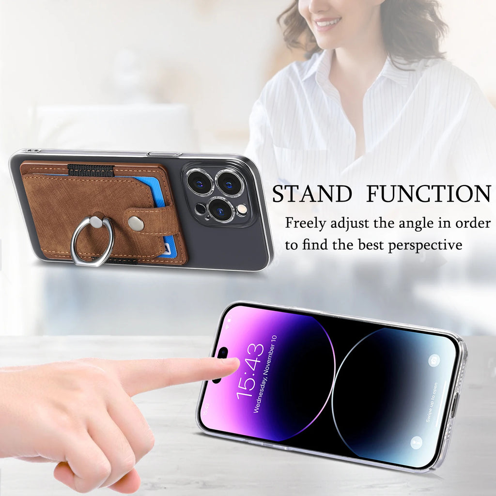 Phone Holder Wallet Case Card Slot Holder PU Leather Back Sticker Adhesives With Ring Stand For Mobile Phone iPhone Samsung