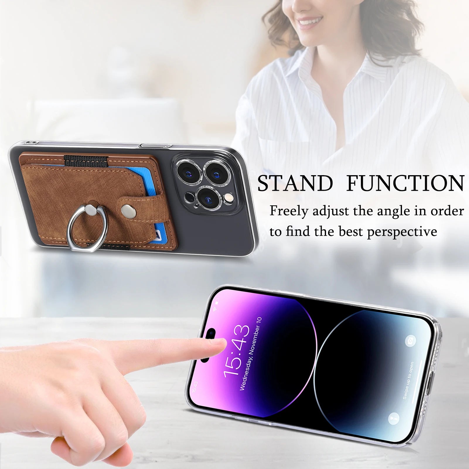 Phone Holder Wallet Case Card Slot Holder PU Leather Back Sticker Adhesives With Ring Stand For Mobile Phone iPhone Samsung