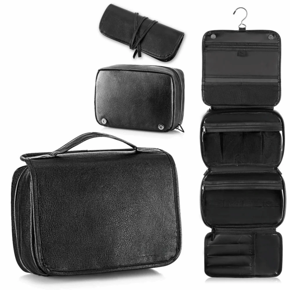Multi-Pocket Makeup Bag Large Size Waterproof Design Hanging Toiletry Bag PU Leather 3-in-1 Dopp Kit Business Trip